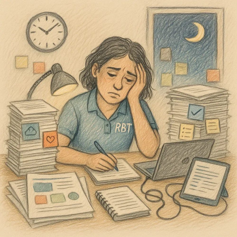 Illustration of an RBT at a desk covered in paperwork late at night