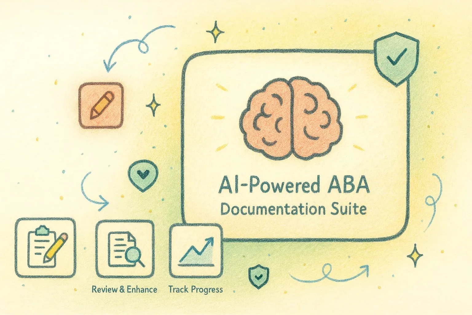 Hand-drawn illustration of the documentation suite: create, review and track progress