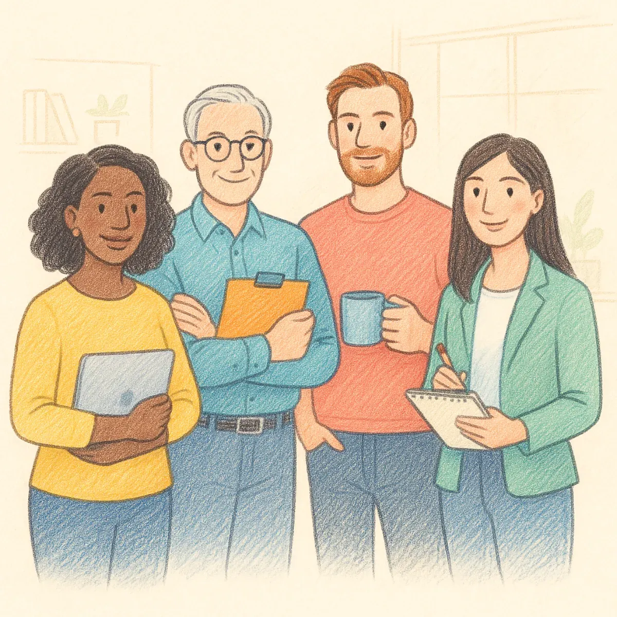 Illustration of four team members: clinicians, a designer and an engineer