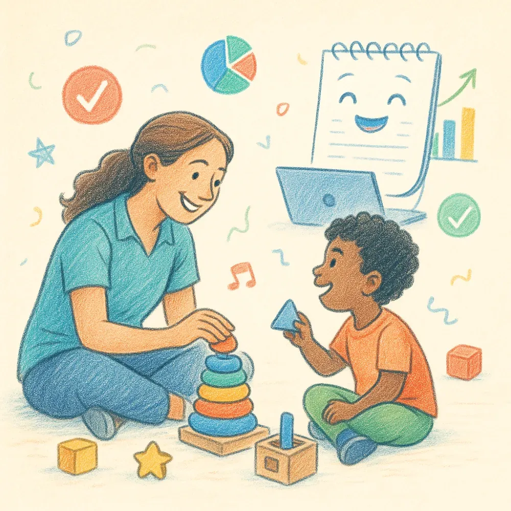 Illustration of a therapist playing with a child while notes complete themselves