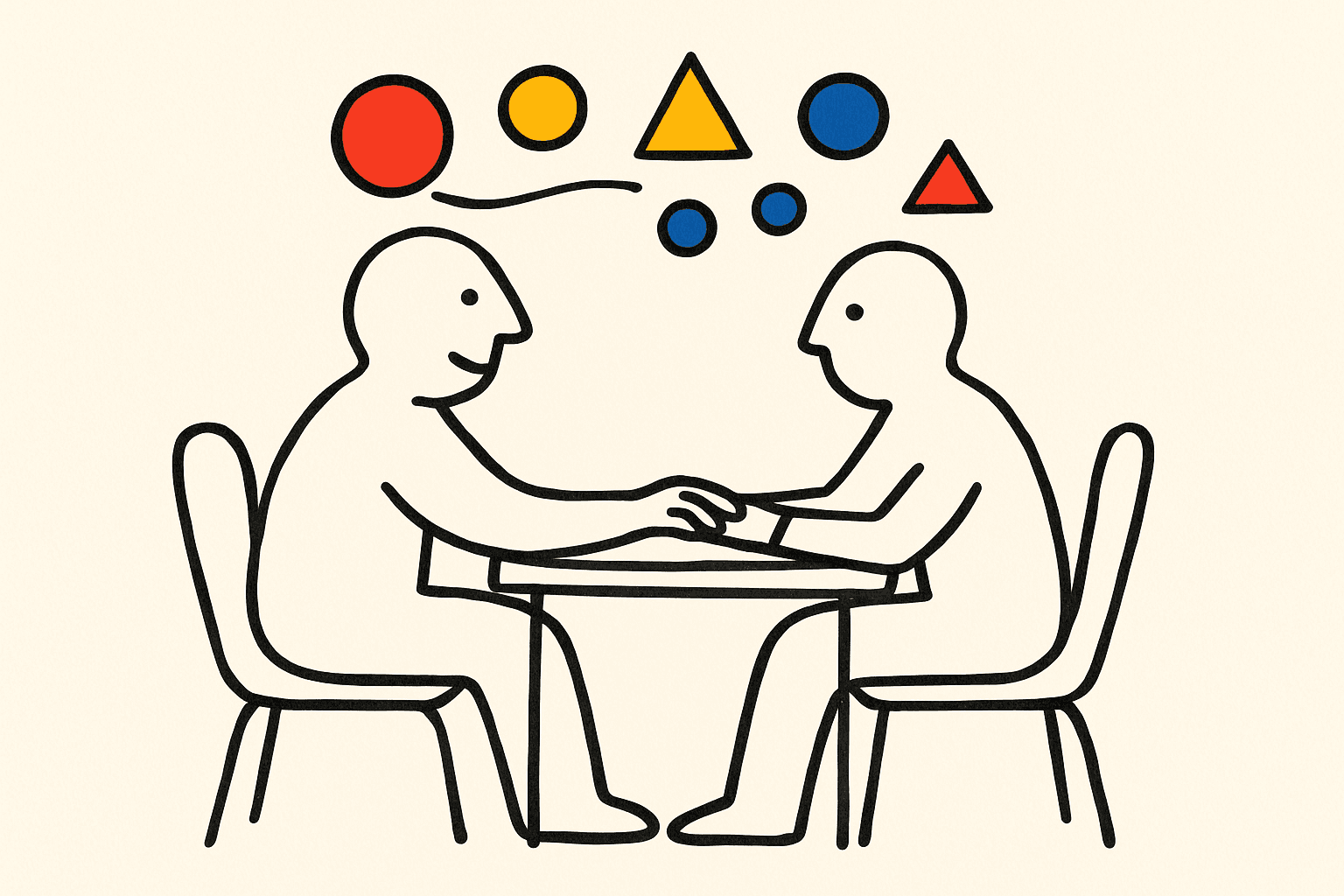 Minimalistic illustration showing two abstract human figures at a table, surrounded by colorful shapes representing documentation and session activities, in Alexander Calder's playful line-drawing style.