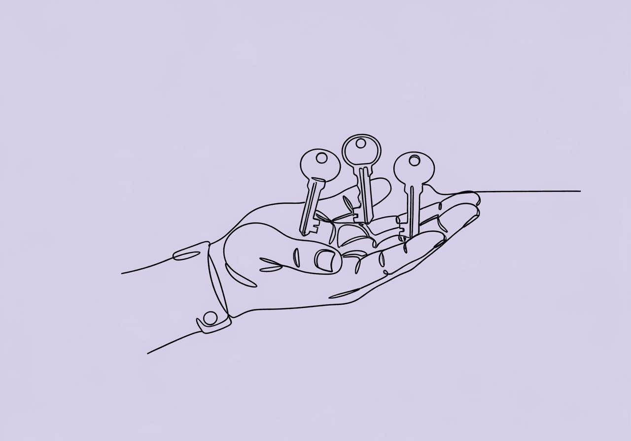2025 RBT Competency Assessment Preparation Checklist Minimalist line art of a hand gently balancing five unique keys in its palm, visually representing careful preparation for the RBT competency assessment through the act of holding keys to success.