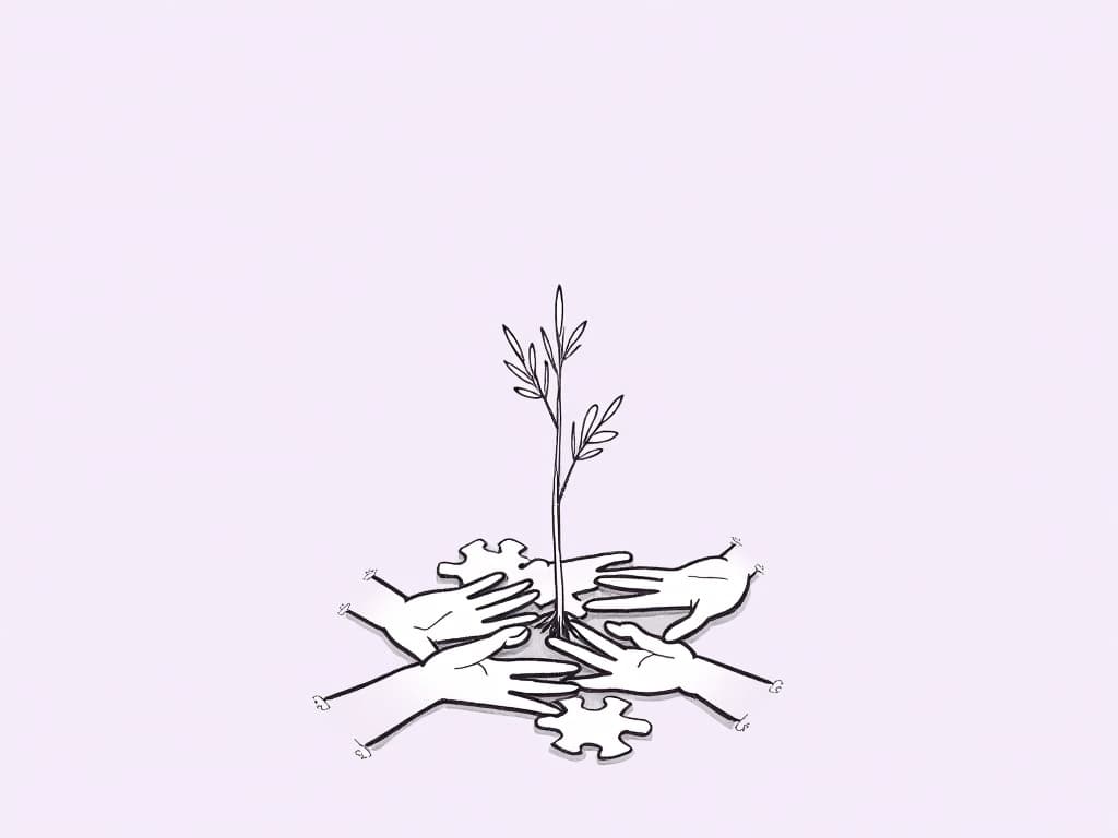 Master the 7 Dimensions of ABA: Essential for RBTs Minimalist line art showing seven interlocking puzzle pieces that form supportive hands around a growing sapling, visually representing the 7 dimensions of ABA as foundational support for effective behavioral growth.