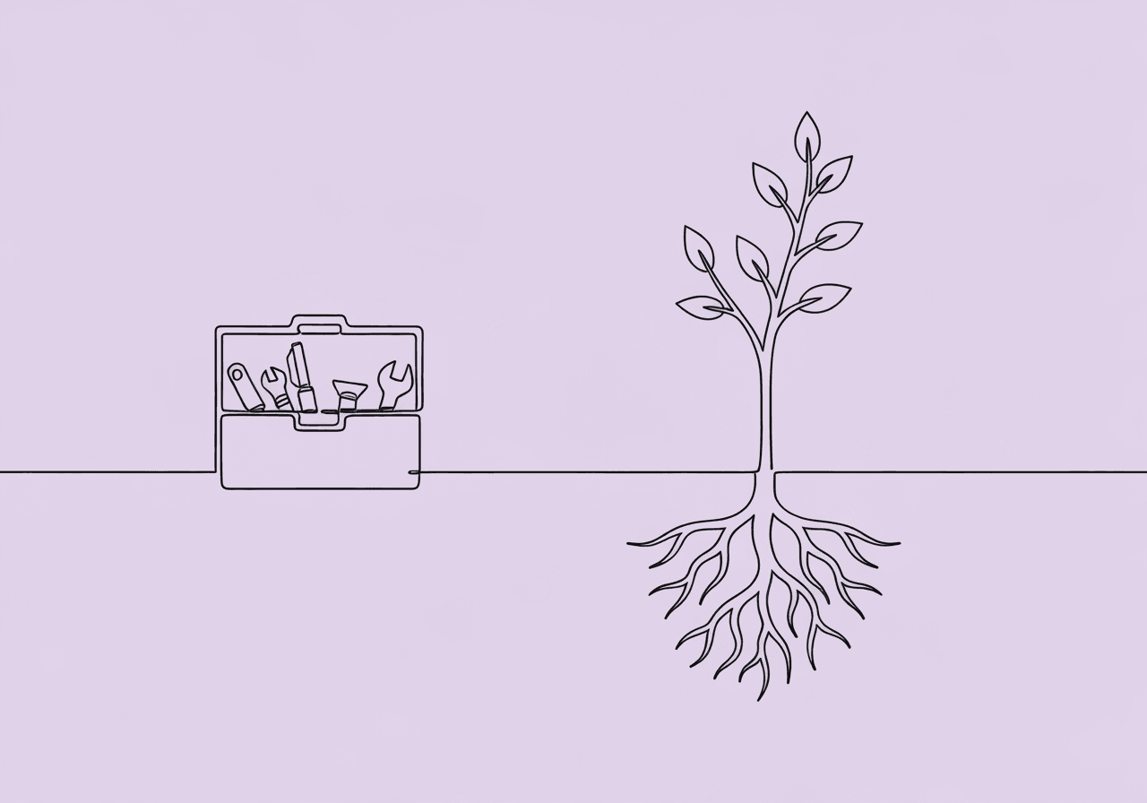 ABA Assessment vs Reauthorization Documentation Minimalist line art showing a toolbox transforming into a branching plant, representing the differences in ABA Assessment vs Reauthorization Report documentation by contrasting baseline foundations and growth in care.