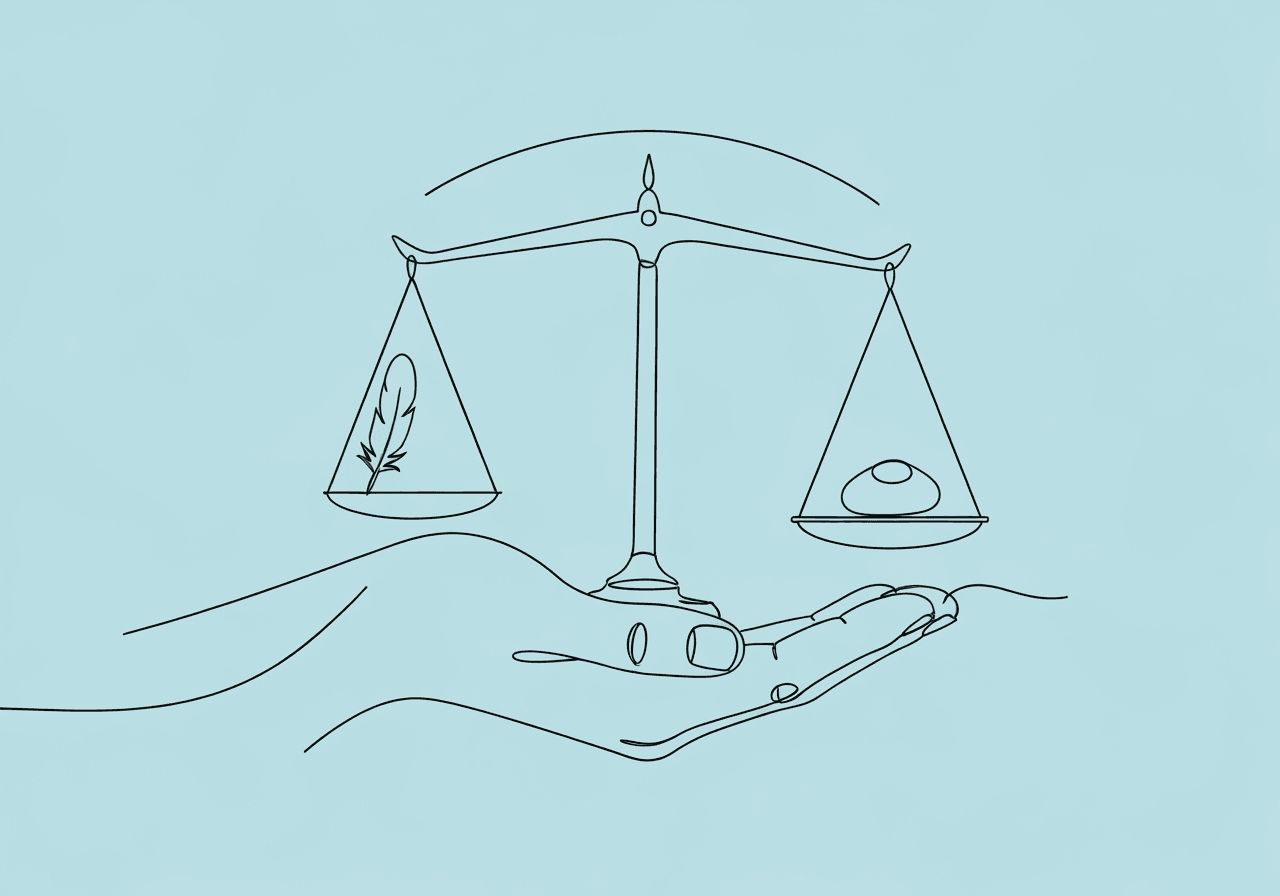 Aversive Control Terminology in ABA: Ethical Essentials Minimalist line art illustration for aversive control terminology ABA, showing a hand delicately balancing a feather and pebble on scales, symbolizing careful ethical balance in behavioral interventions.
