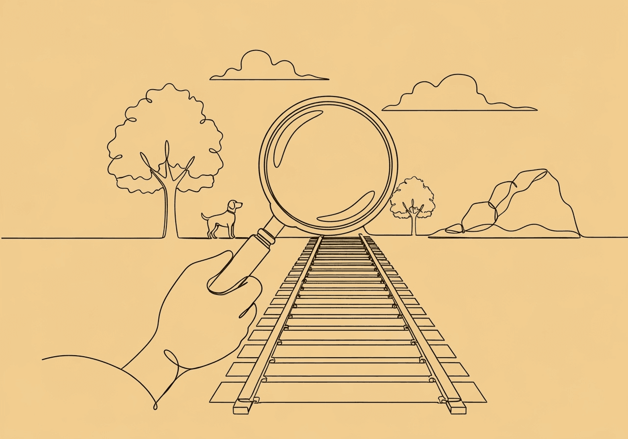ABA Behavioral Contrast Documentation Essentials Minimalist line art featuring a magnifying glass examining diverging train tracks in different environments, symbolizing ABA behavioral contrast documentation and the importance of observation and record-keeping in behavior analysis.