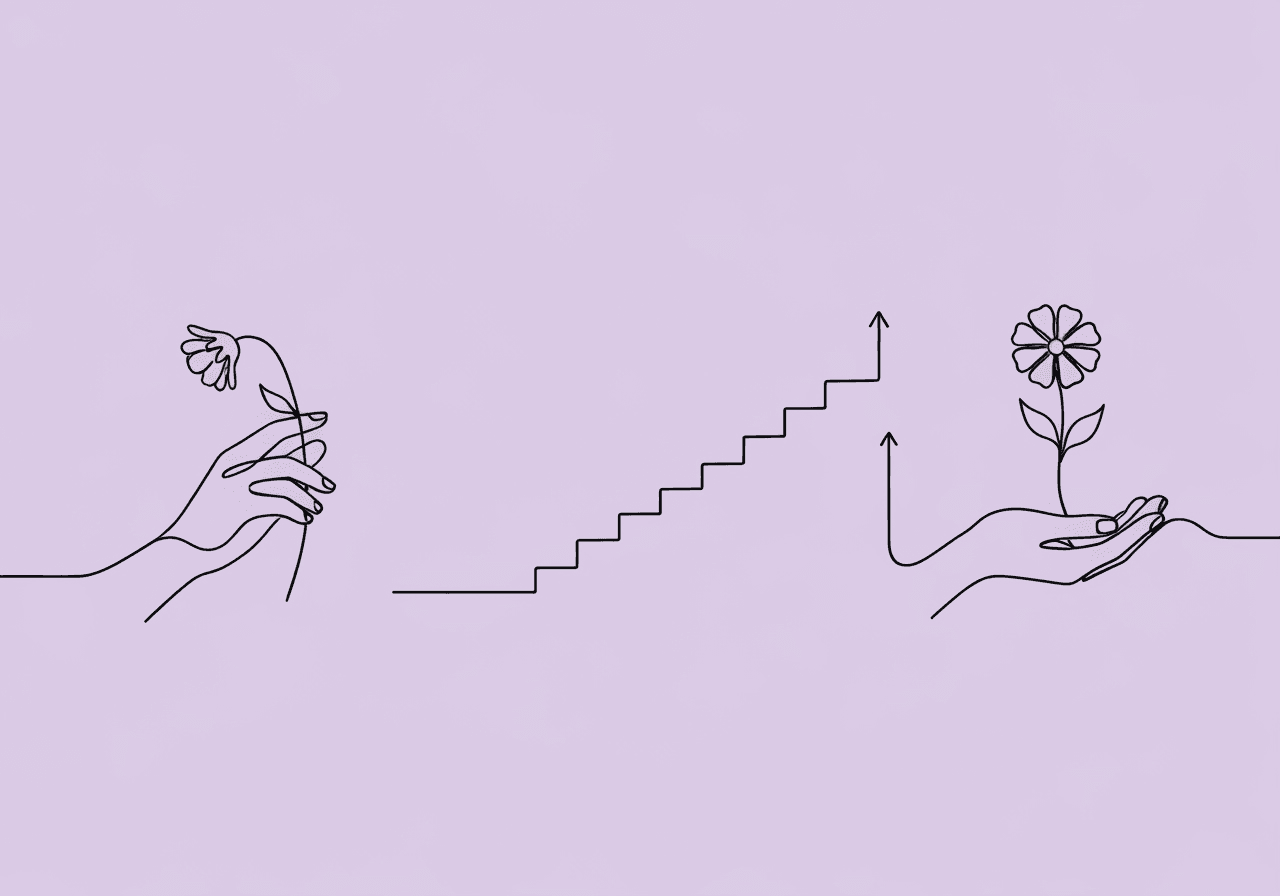 ABA for Caregiver Burnout: A Parent's Guide Minimalist line art shows a hand holding a wilting flower that transforms into ascending steps, culminating in a blooming flower—symbolizing ABA for caregiver burnout and the journey to self-care habits.