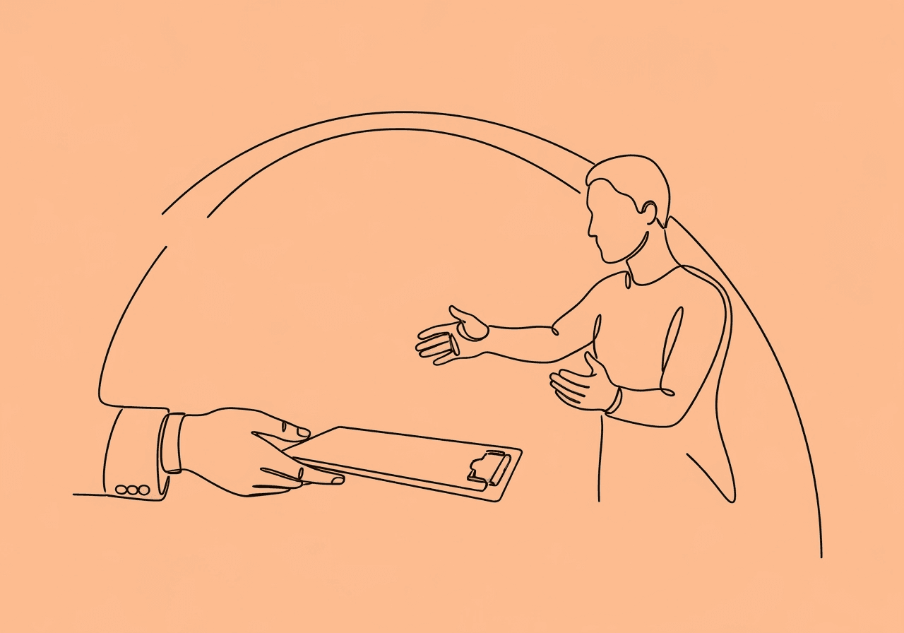 ABA Client Assent Documentation Guide for BCBAs Minimalist line art illustration of ABA client assent documentation, showing a hand offering a clipboard to a client figure gently reaching out, symbolizing the ethical process of recognizing and documenting client assent and refusal.