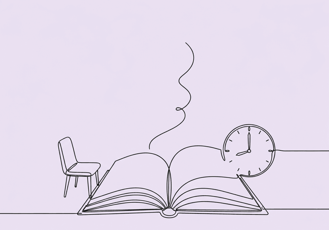 ABA Client Cancellation Documentation: BCBA Guide Minimalist line art illustration on pastel lavender background shows an open appointment book, an empty chair, and a clock, visually representing client cancellation documentation in ABA in a clear, accessible metaphor.