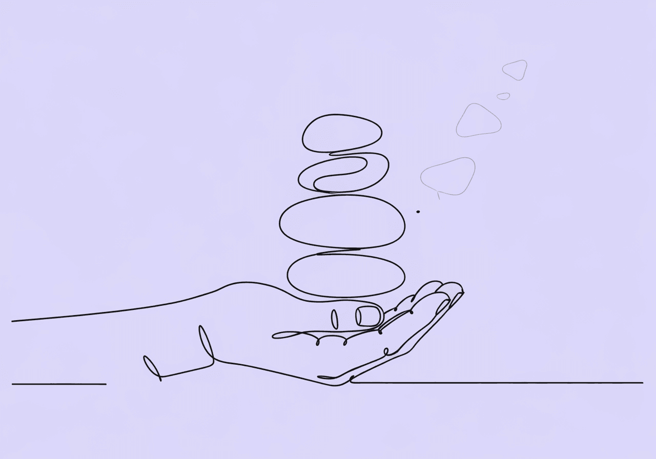 Master ABA Competency Training Terms for Ethical Practice Minimalist line art shows a hand balancing four pebbles, symbolizing ABA competency training terms and the balancing of key concepts in CBT for effective integrity and ethical practice.