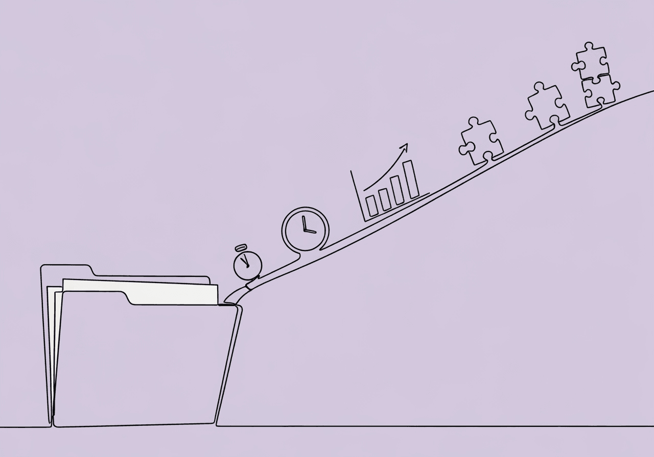 Master ABA Concurrent Review Documentation & Compliance Minimalist line art features an open file folder connected by a rising bridge holding a clock, bar graph, and puzzle piece, symbolizing ABA concurrent review documentation and the process of proving ongoing medical necessity.