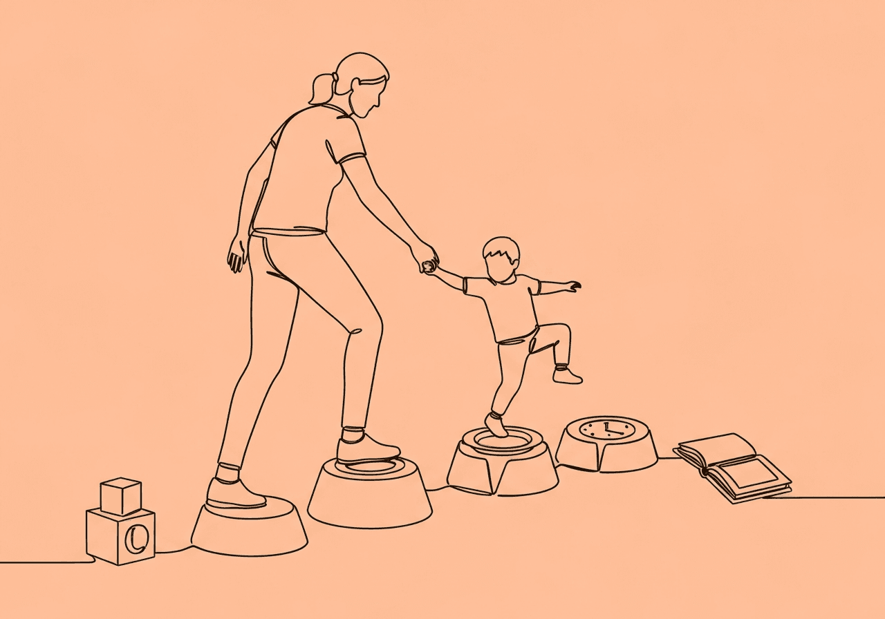 Master ABA Daily Transition Strategies at Home Minimalist line art of a parent guiding a child by hand across stepping stones shaped like household objects, illustrating ABA daily transition strategies with positive, supportive energy.