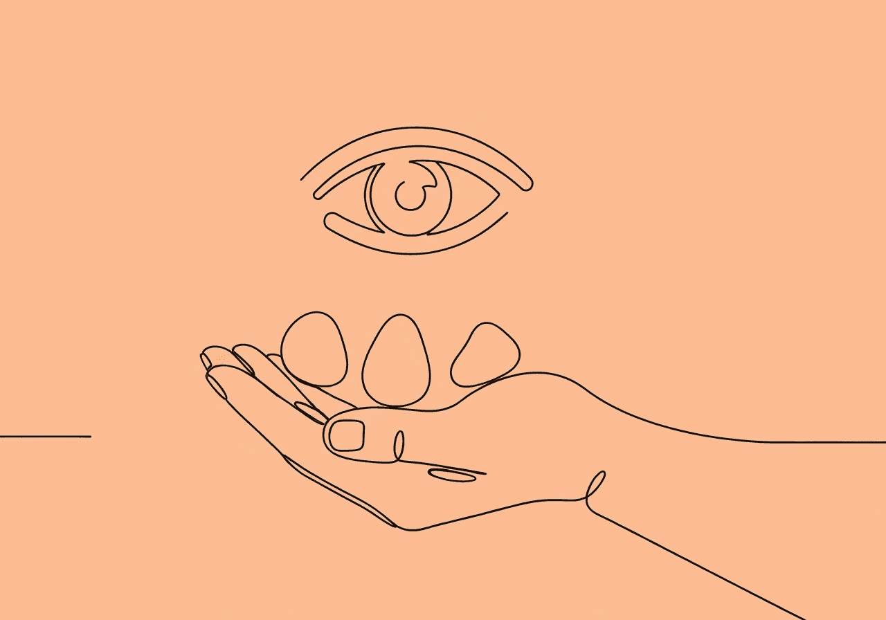 ABA Data Collection for Parents: 10 Home Tips Minimalist line art of a parent’s hand gently holding three pebbles and an observing eye above, symbolizing ABA data collection by parents at home for supportive progress tracking.