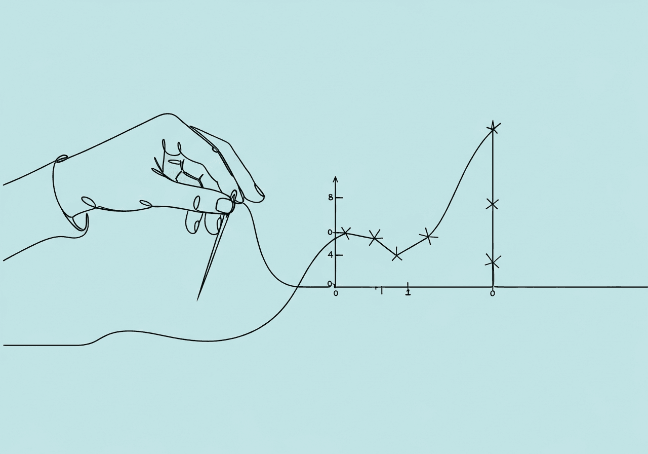 10 ABA Data Graphing Mistakes RBTs Must Avoid Minimalist line art illustrating ABA data graphing mistakes: a hand threads a line through a needle, which seamlessly transitions into an imperfect data graph with visible errors, visually symbolizing common ABA data graphing mistakes featured in the blog post.