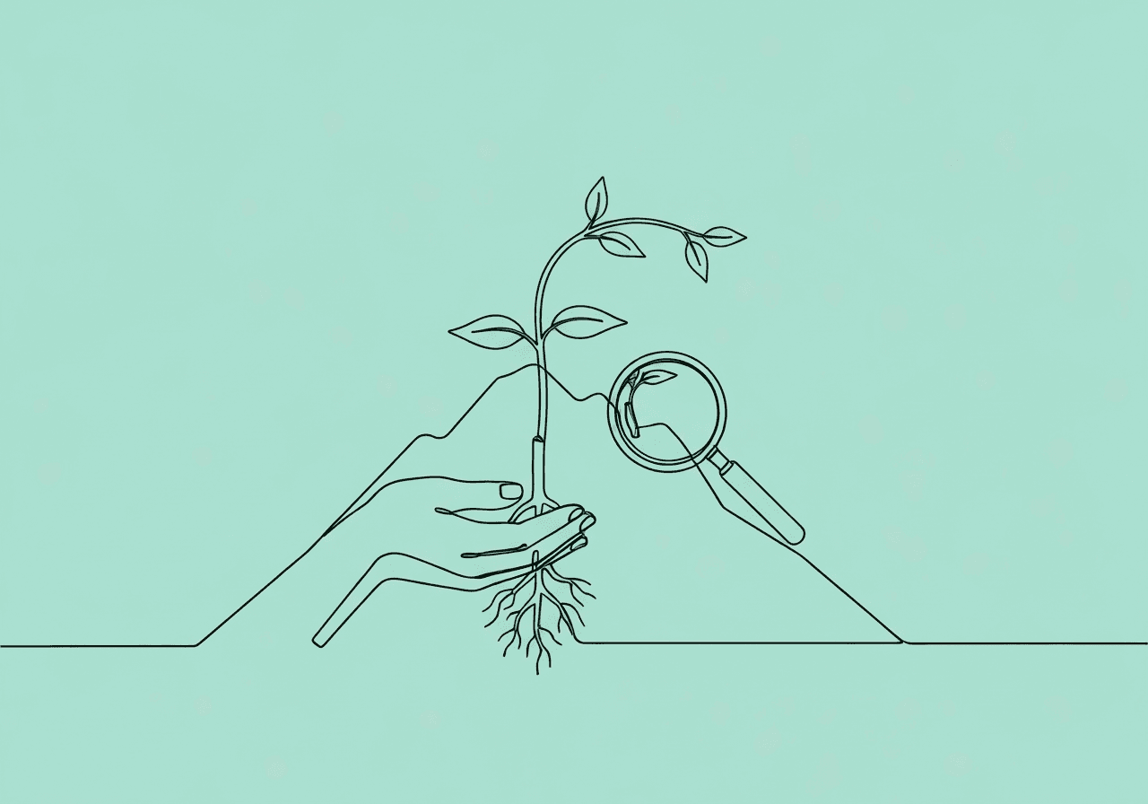 Master ABA Data Plateau Documentation for BCBAs Minimalist line art of a mountain plateau with hands supporting a plant’s dormant roots and a magnifying glass guiding new growth, symbolizing ABA data plateau documentation and analytical decision-making in clinical practice.