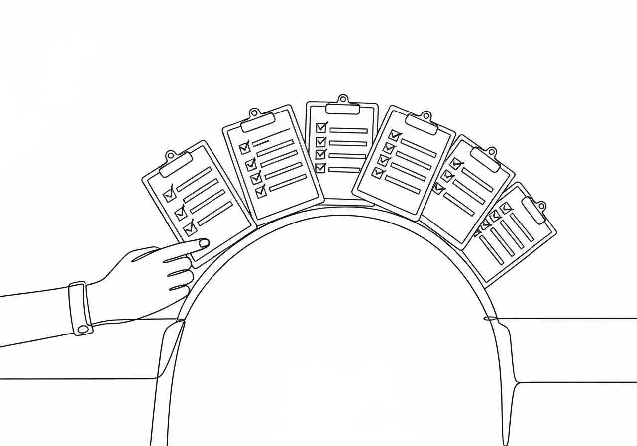 ABA Denial Prevention Checklist for BCBAs Minimalist line art illustration of an ABA denial prevention checklist concept, showing a bridge formed by interlocking checklists and a hand placing the last piece, representing careful documentation to prevent insurance denials.