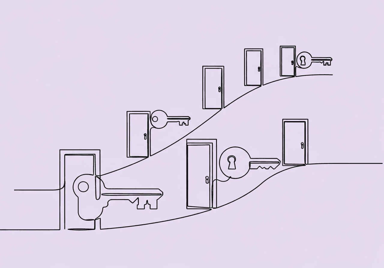 ABA Differential Reinforcement Glossary: DRA, DRI, DRO Minimalist line art showing five unique keys each unlocking different doors along an ascending path, symbolizing the ABA differential reinforcement glossary by illustrating distinct approaches in Applied Behavior Analysis.