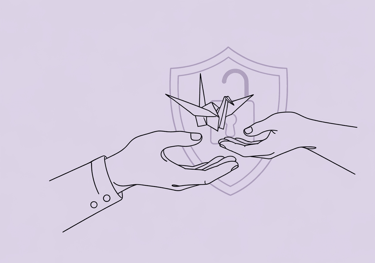 ABA Documentation AI Ethics: BACB Compliance Guide Minimalist line art showing two hands exchanging a paper crane, with a subtle shield outline, visually representing ABA documentation AI ethics—combining oversight, care, and data security in clinical documentation.