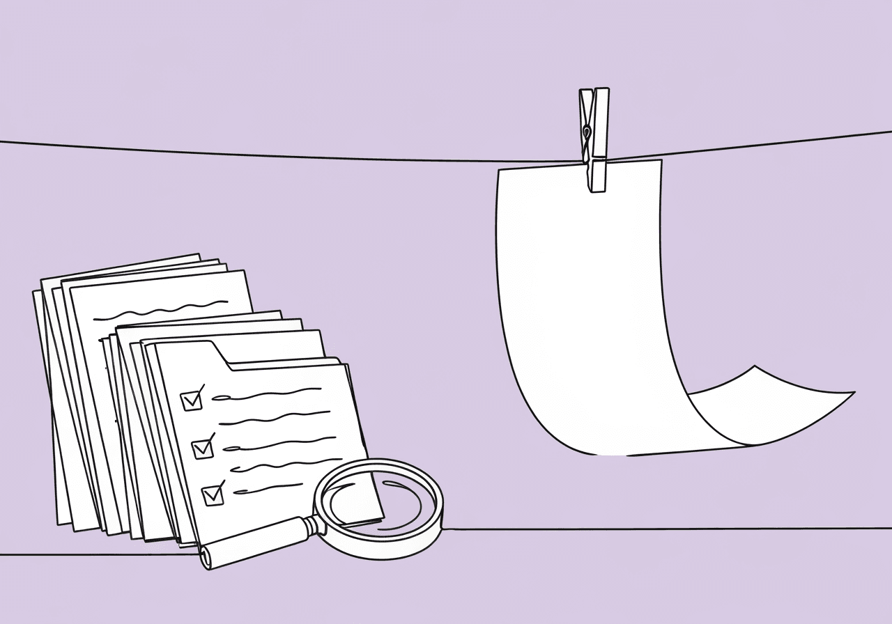 ABA Documentation Audit Fails: 7 Pitfalls to Avoid Minimalist line art of a dangling document under a magnifying glass, set against pastel lavender, representing common ABA documentation audit fails and the need for attentive review to avoid insurance audit mistakes.