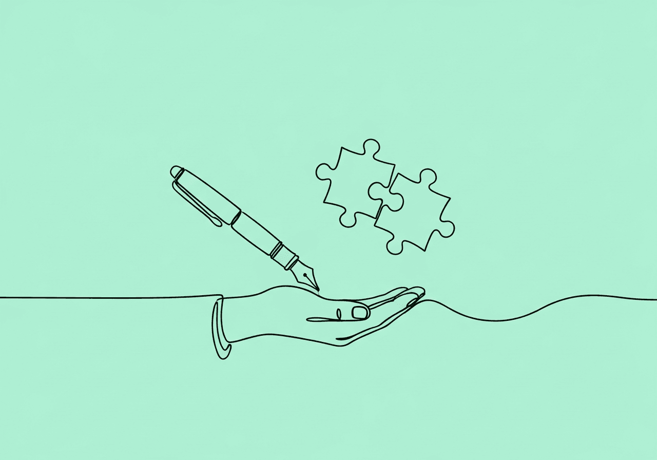 ABA Electronic Signature Compliance Guide Minimalist line art of a hand and fountain pen with interlocking puzzle pieces, illustrating ABA electronic signature compliance by capturing the ideas of consent and secure connection in documentation.