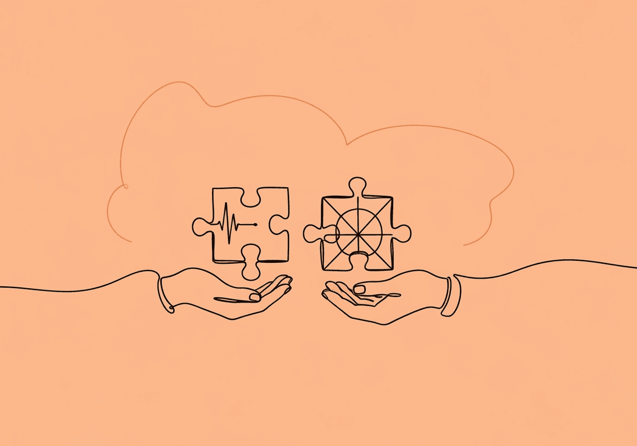 ABA EMR vs EHR Guide for BCBAs: Key Differences Minimalist line art illustration for 'ABA EMR vs EHR: A BCBA's Guide to Choosing the Right Documentation System,' featuring hands balancing two intersecting puzzle pieces—one representing ABA EMR, the other EHR—highlighting choice and integrated care systems for ABA professionals.