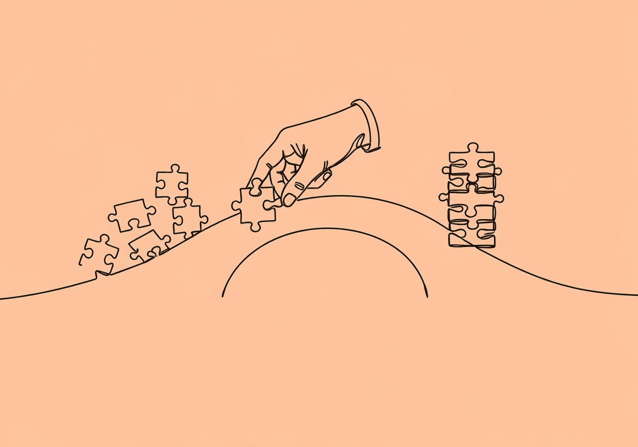 Justifying ABA Continuation: Ethical Documentation Tips Minimalist line art shows a hand placing a puzzle piece on a bridge between scattered and organized pieces, symbolizing ethical ABA continuation documentation and careful justification despite non-progress.