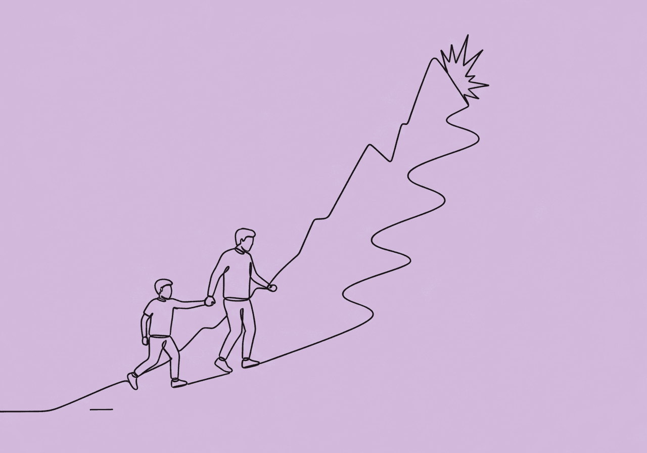 Understanding the ABA Extinction Burst for Parents Minimalist line art showing a parent and child navigating a sudden steep path—symbolizing an ABA extinction burst for parents—illustrating the temporary challenge before progress, reflecting the article's guidance on managing and documenting tough behavioral moments.