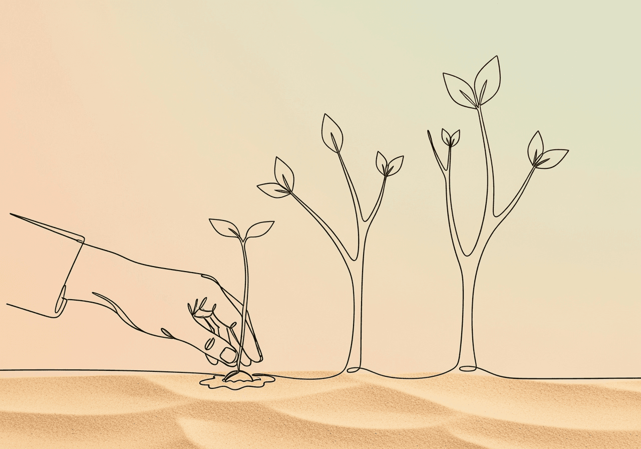 Functional Relation ABA: Prediction, Verification, Replication Minimalist line art of a hand planting a seed, which grows into three branching sprouts, visually representing functional relation ABA through prediction, verification, and replication. The illustration conveys experimental growth and analytical process relevant to ABA concepts.