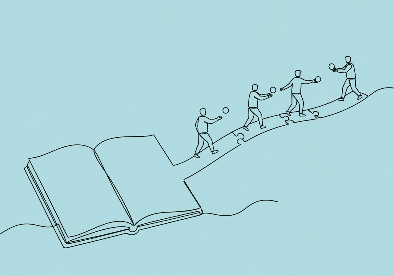 ABA Generalization Probes Documentation: Step-by-Step Guide Minimal line art illustration of ABA generalization probes documentation: a notebook morphs into a puzzle-bridge with figures passing spheres, representing step-by-step data collection and analysis in ABA therapy.