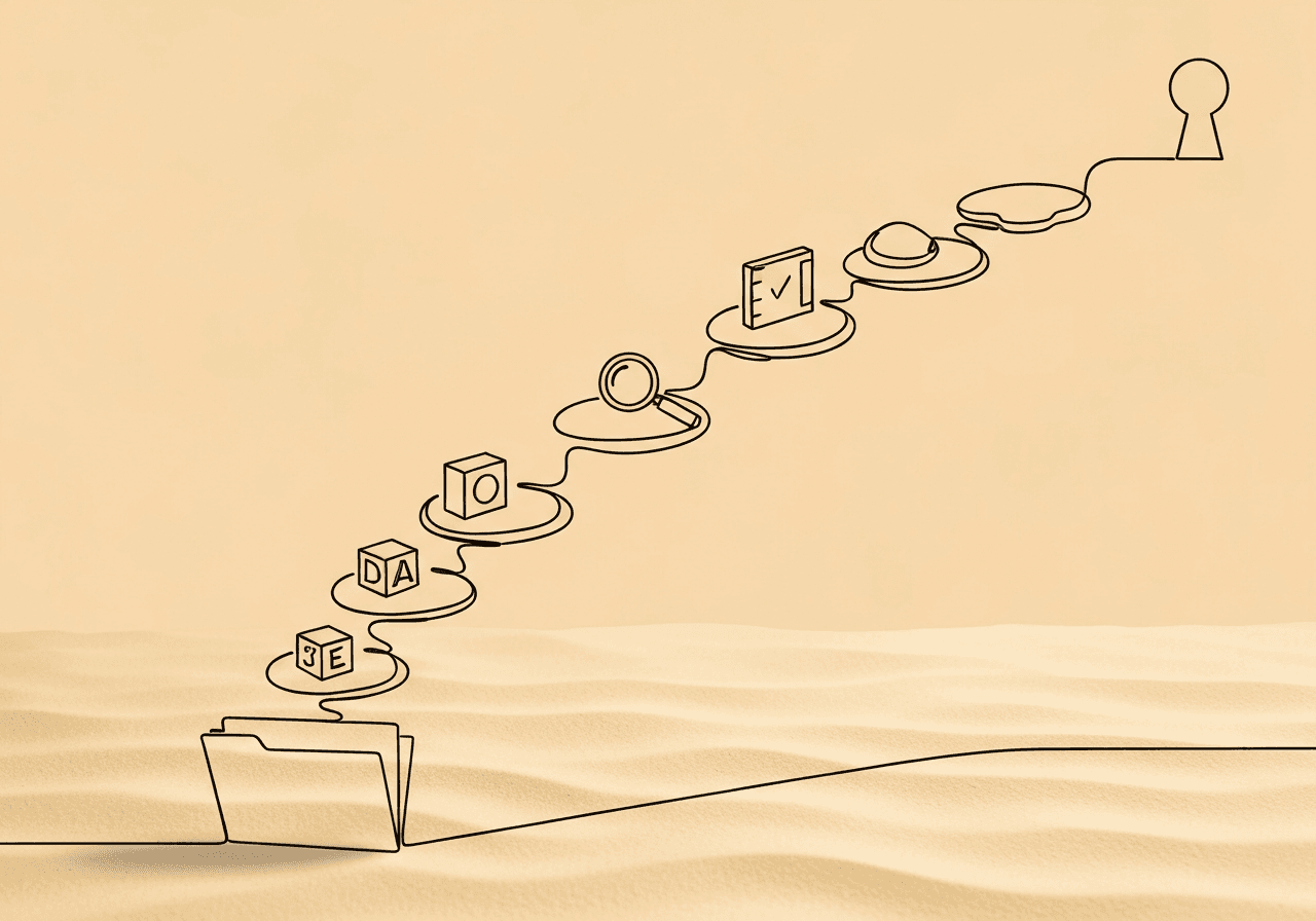 Documenting ABA Goal Derivation: 8-Step BCBA Guide Minimalist line art featuring an open folder with eight stepping stones leading upward, each symbolizing a step in documenting ABA goal derivation, ending at a keyhole that represents audit readiness and compliance.