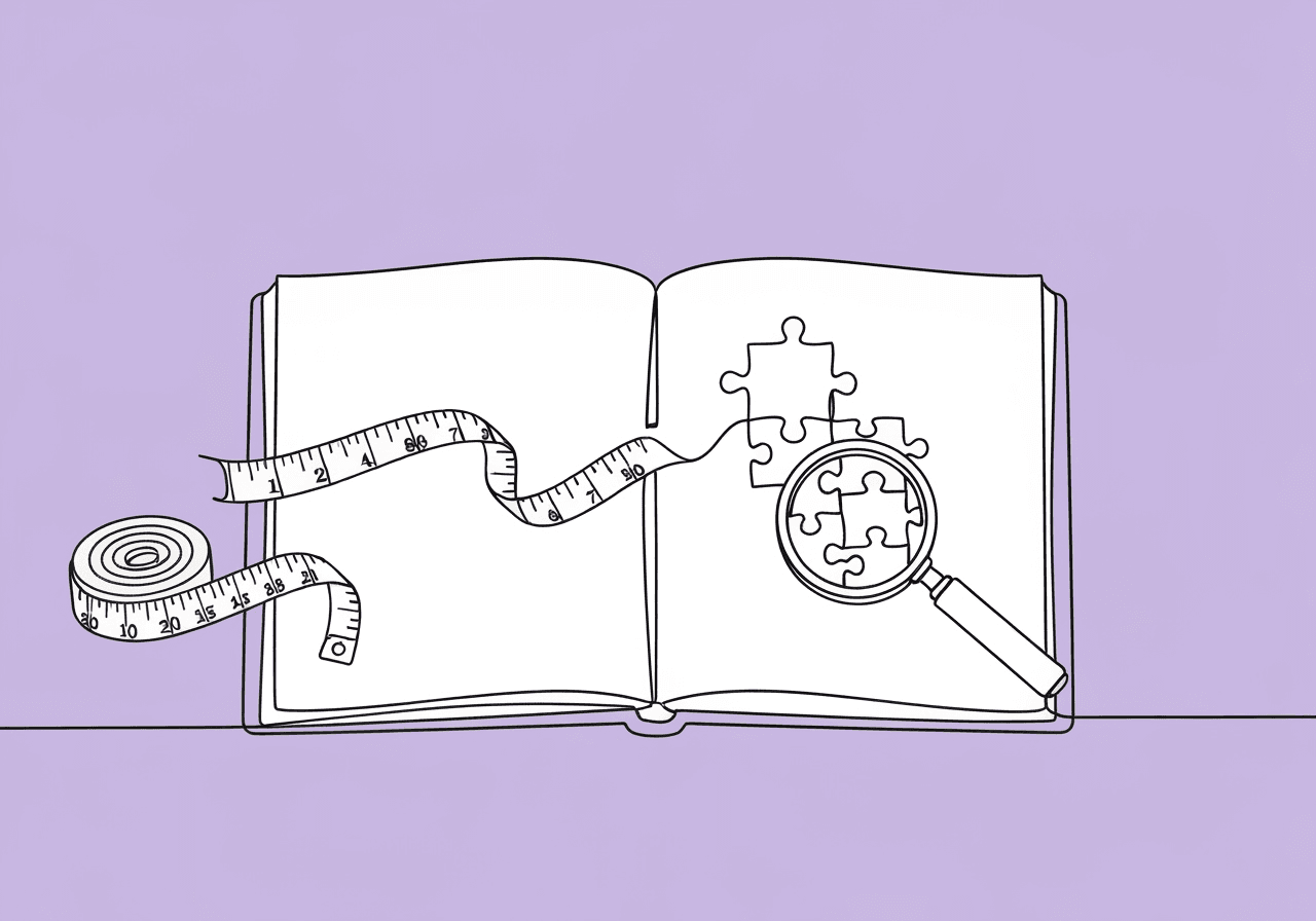ABA Goal Documentation Compliance: BCBA Guide Minimalist line art on pastel lavender shows an open notebook with a measuring tape unrolling into a magnifying glass inspecting puzzle pieces, illustrating ABA goal documentation compliance by depicting measurable baselines and precise, compliant documentation.
