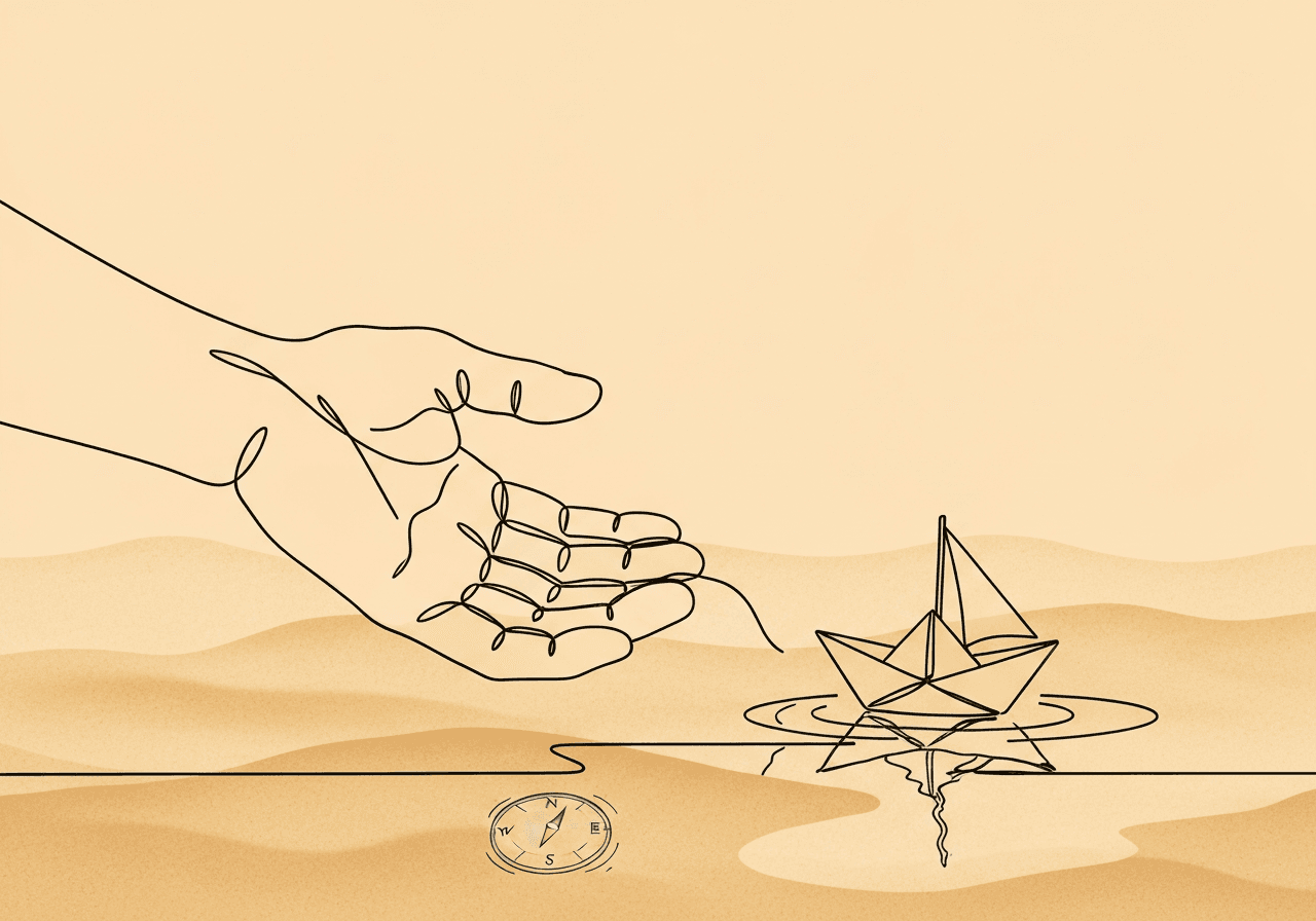 Documenting ABA Goal Failure Rationale: Best Practices Minimalist line art with a hand releasing a fragile paper boat onto water, symbolizing documenting ABA goal failure rationale. Illustrates the idea of letting go and reassessing direction in the context of ABA progress documentation for insurance.