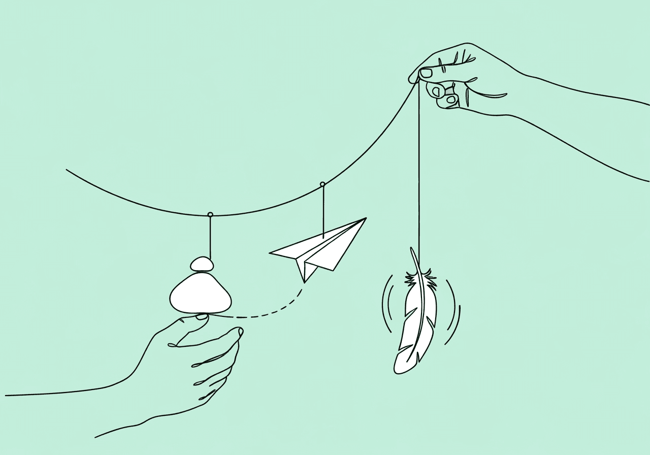 ABA Graph Analysis Terms: Level, Trend, Variability Minimalist line art illustration featuring a hand holding a mobile with three objects—a pebble, paper airplane, and feather—metaphorically representing ABA graph analysis terms like level, trend, and variability for visual data interpretation in ABA.