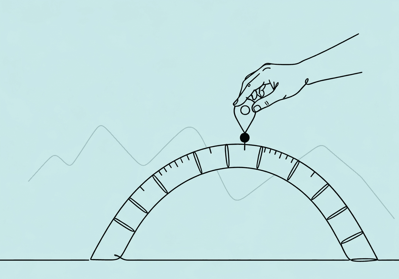ABA Graphing for Beginners: RBT & Parent Guide Minimalist line art shows a hand placing a data point on a bridge-shaped graph, illustrating ABA graphing for beginners with a visual metaphor for guiding progress and understanding in ABA data tracking.