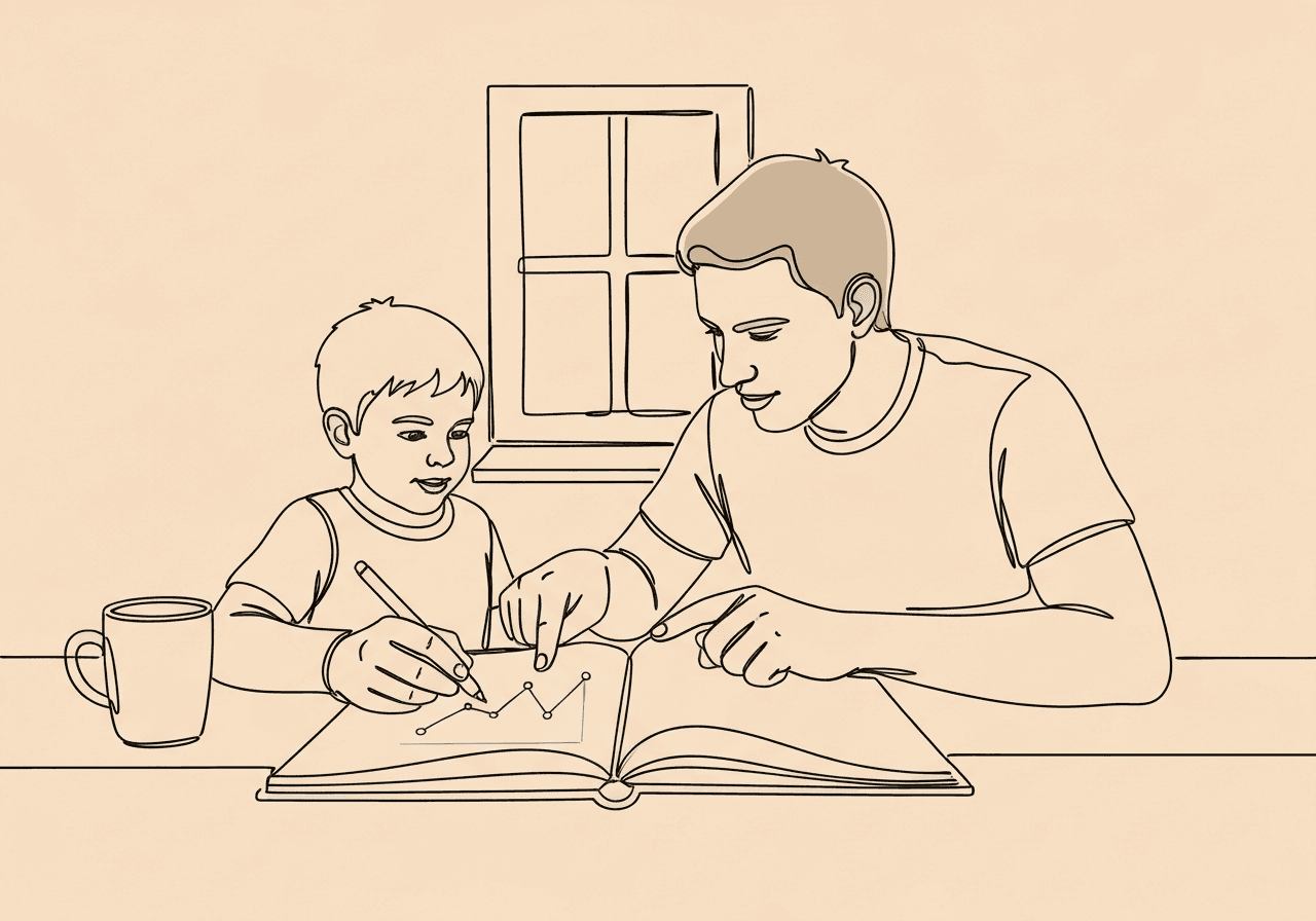 ABA Home Data FAQ: Track Your Child's Progress Minimalist line art shows a parent and child recording ABA data at home, visually capturing the essence of an ABA home data FAQ by highlighting collaboration, tracking, and shared progress.