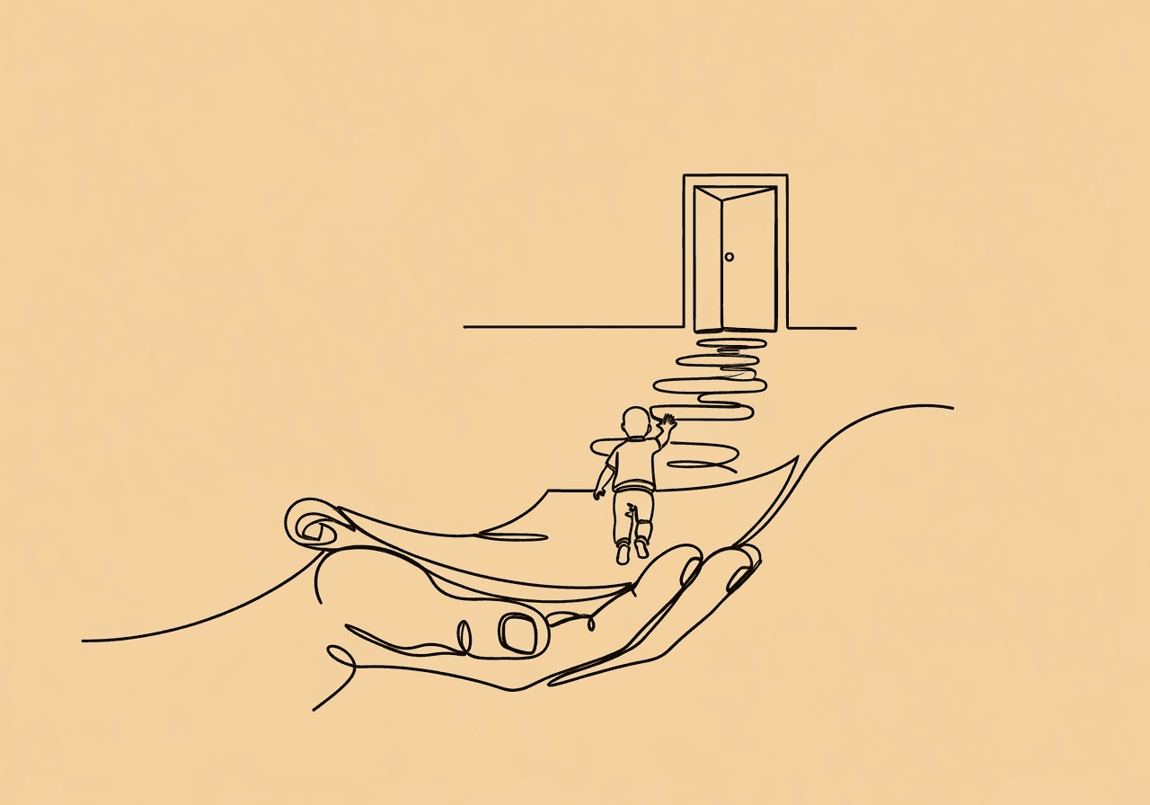 ABA Home Data IEP: Empower Parent Advocacy Minimalist line art illustration of a parent’s hand holding a scroll that transforms into a path, guiding a child toward a door—symbolizing ABA home data IEP support for achieving IEP goals.