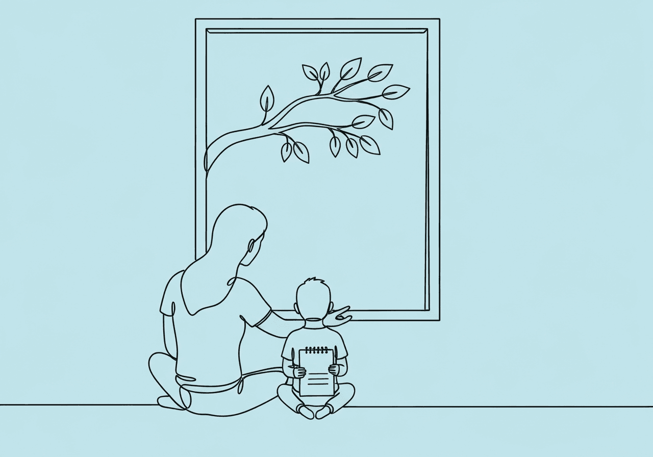 ABA Home Generalization Probes for Parents Minimalist line art of a parent and child at home engaging with nature through a window, symbolizing ABA home generalization probes and the collaborative observation process outlined in the blog.