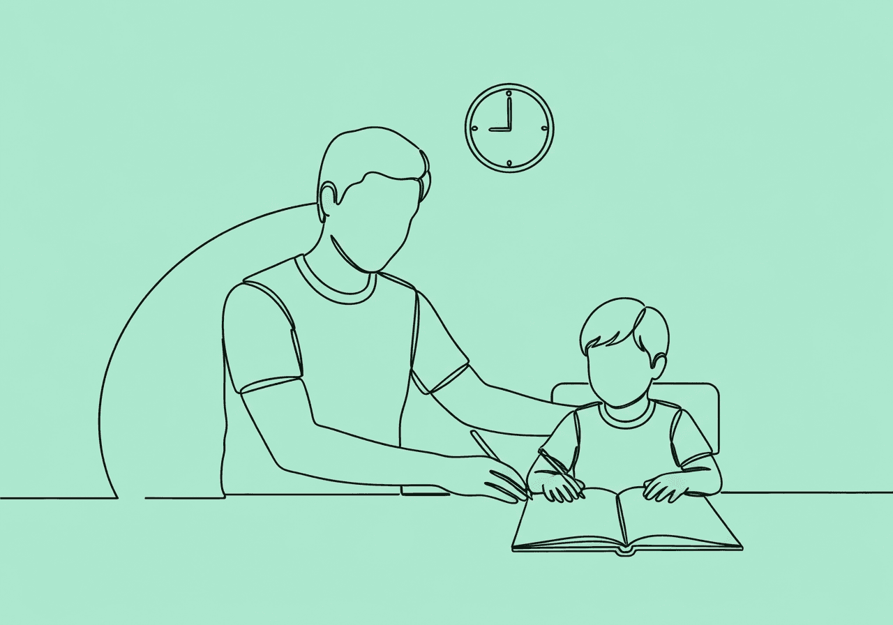 Master ABA Homework Strategies for Autistic Kids Minimalist line art shows a parent guiding a child as they start homework at a table, visually representing ABA homework strategies and parental support for focus and independence at home.