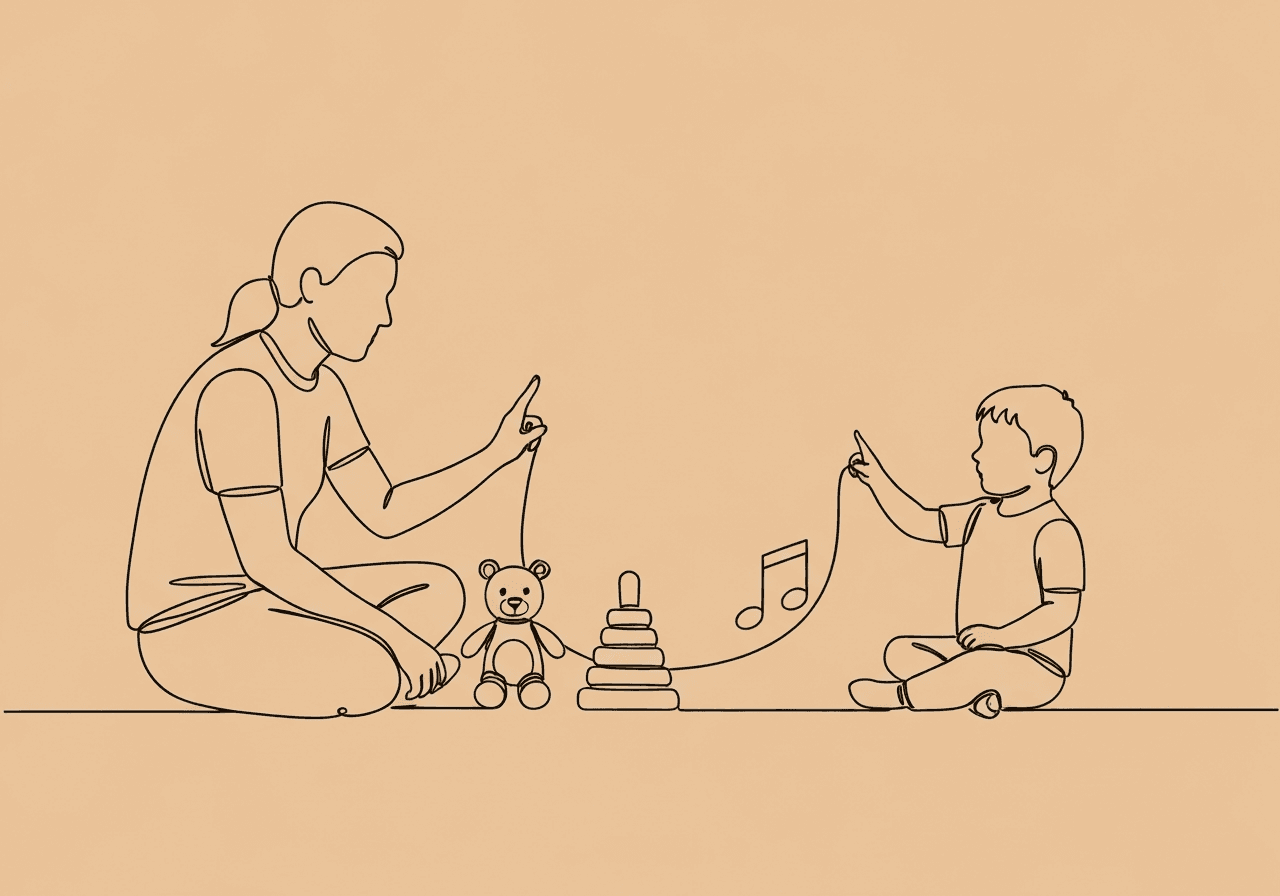 ABA Imitation Games for Parents: Fun Home Activities Minimalist line art of a parent and child playing ABA imitation games for parents, showing mirroring gestures and simple objects that represent body, object, and sound imitation activities.