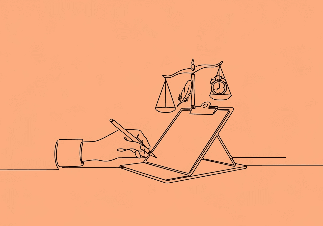 ABA Incident Report Documentation: FAQ Guide Minimalist line art for ABA incident report documentation shows a clipboard with a balancing scale—feather and clock—symbolizing care and timeliness in record-keeping, with a hand writing, representing the reporting process in ABA settings.