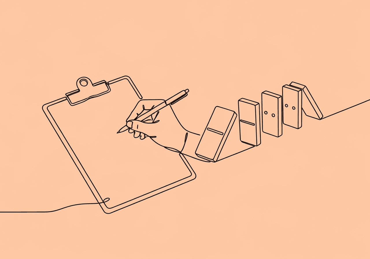 ABA Incident Reporting FAQ: Ethical Documentation for BCBAs Minimalist line art illustration of ABA incident reporting documentation, featuring a hand writing on a clipboard that transitions into toppling dominoes, symbolizing the careful recording of incidents and their consequences in ABA practice.