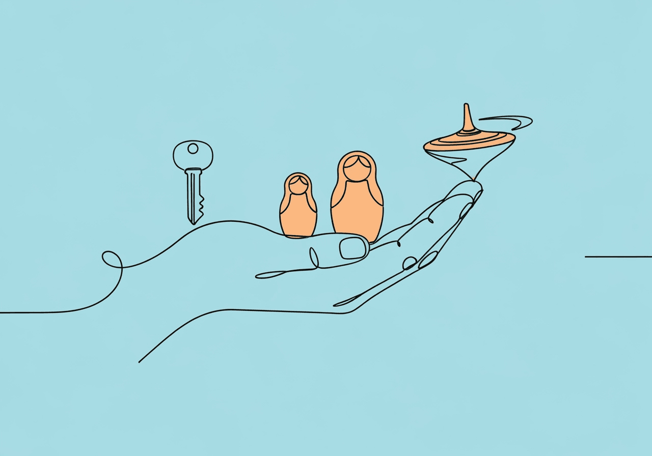 ABA Instructional Terminology: Core Strategies Glossary Minimalist line art of a hand holding a key, nesting dolls, and a spinning top, illustrating core ABA instructional terminology like pairing, Behavioral Skills Training, and behavioral momentum for an educational blog post.