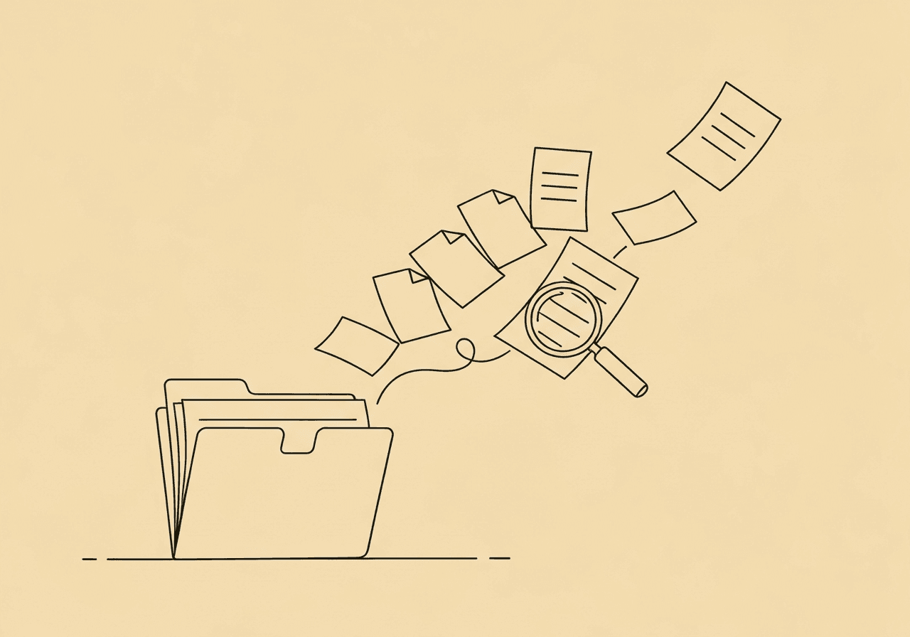 ABA Insurance Appeal Documentation Checklist for BCBAs Minimalist line art illustration for an ABA insurance appeal documentation checklist blog post, showing an open folder and ten flying papers being carefully audited, visually representing the review and organization needed for successful appeal documentation.