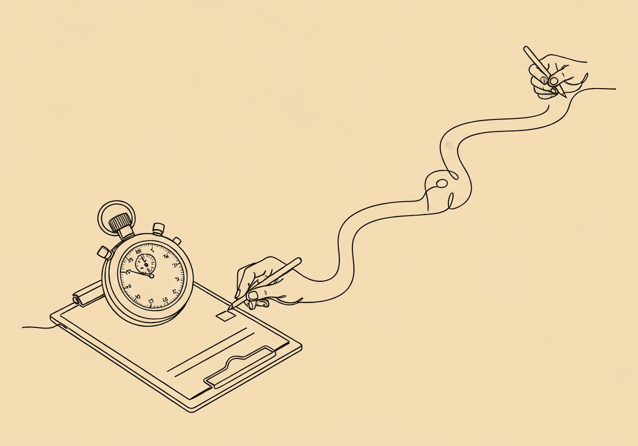 ABA Latency Documentation for RBTs: Step-by-Step Guide Minimalist line art of a stopwatch and clipboard surrounded by a winding path, representing ABA latency documentation. The illustration visualizes the careful, step-by-step recording process described in ABA sessions.