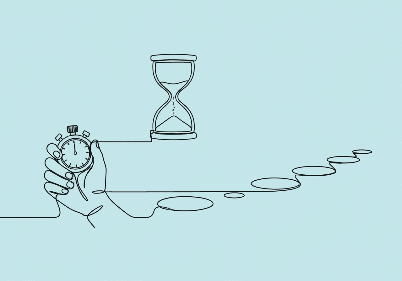 ABA Latency, IRT, Duration: RBT Data Collection Guide Minimalist line art illustration on pastel blue shows a hand with a stopwatch, an hourglass, and stepping stones, representing ABA latency, IRT, and duration data collection methods. Ideal for explaining ABA latency IRT duration concepts visually.