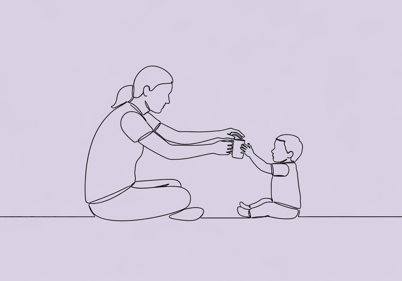 Mand Training for Parents: ABA Home Guide Minimalist line art shows a parent and child engaged in a request-training moment, illustrating mand training for parents by highlighting a natural teaching interaction at home.
