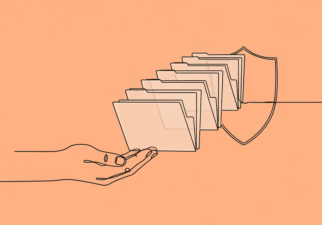 Mandated Reporting Documentation in ABA: 7 Steps Minimalist line art on pastel peach shows an open hand supporting a flowing line that forms folders and a shield, metaphorically illustrating mandated reporting documentation ABA compliance steps.