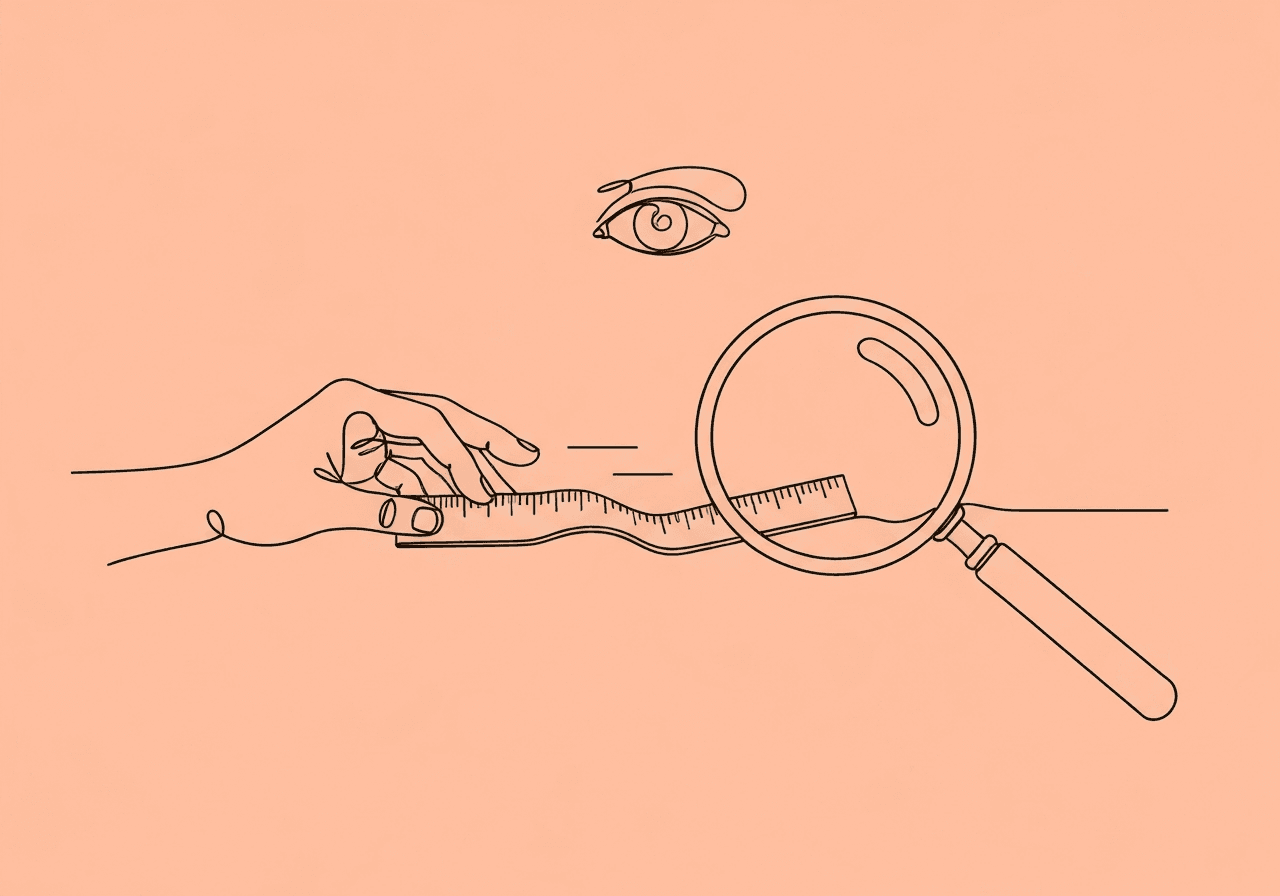 ABA Measurement Bias Glossary: Key Terms for BCBAs Minimalist line art illustration for 'ABA measurement bias glossary': a hand with a drifting grip on a ruler under a magnifying glass, alluding to measurement error, drift, and observation in ABA data.