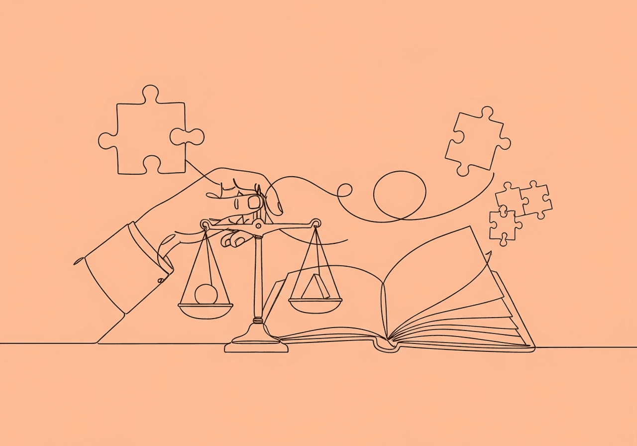 Measurement Change Rationale: ABA Guide for BCBAs Line art on a pastel peach background shows a hand weighing different stones on a scale, a thread connecting the scale to an open notebook, and puzzle pieces in the distance—visualizing measurement change rationale and careful documentation for compliance.