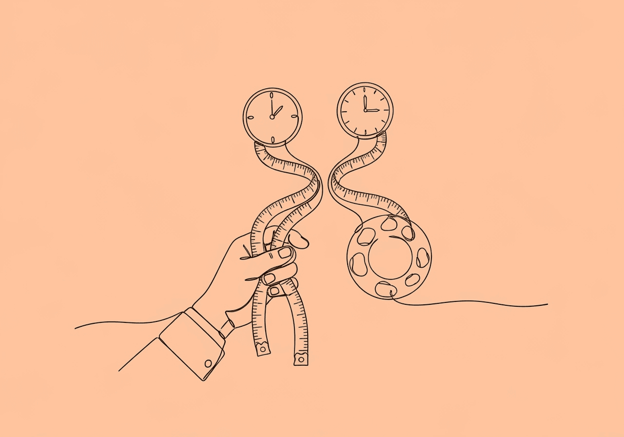 Choosing ABA Measurement Procedures: BCBA Decision Guide Minimalist line art illustration for choosing ABA measurement procedure, showing a hand holding diverging measuring tapes that branch toward a clock and pebbles, symbolizing continuous versus discontinuous measurement decisions in ABA data collection.